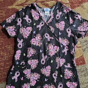 Women's Black and Pink Floral (Support Cancer) scrub top